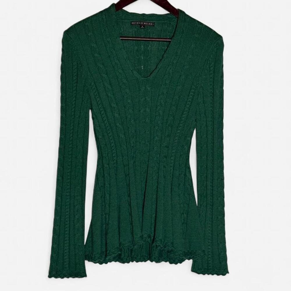 Antonio Melani Dark Green Cable-Knit V-Neck Sweater